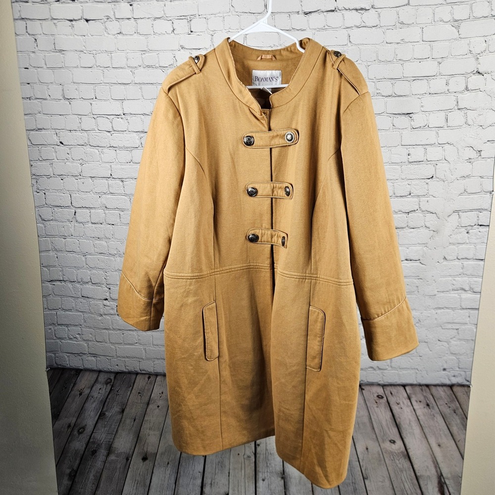 Roamans Womens Camel Tan Military Toggle Snap Coat Plus Size 26W Mandarin Collar